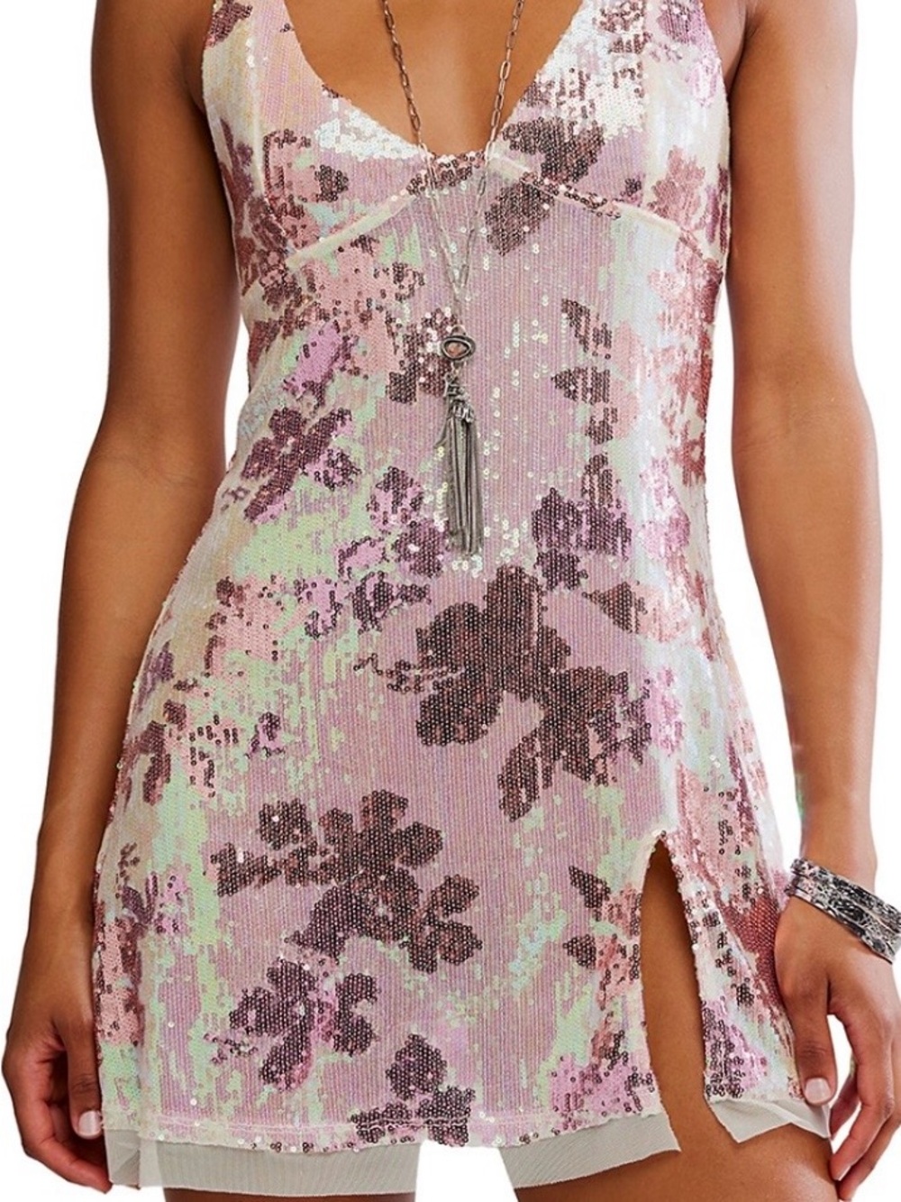 Free People Pink Sequin Floral Mini Dress